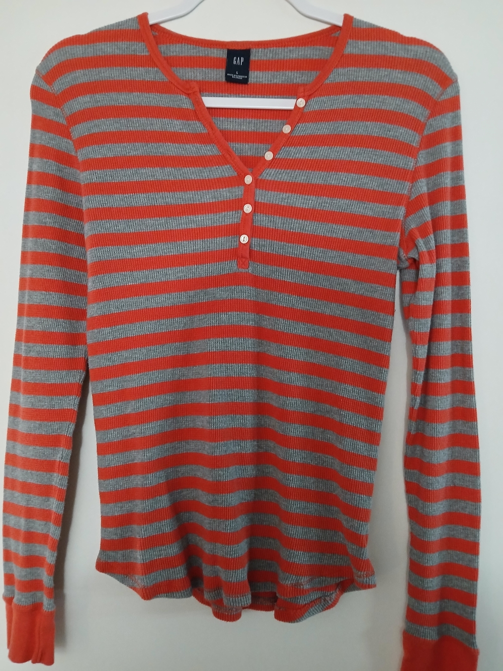 GAP Women's Striped Henley Long Sleeve Top in Orange and Gray